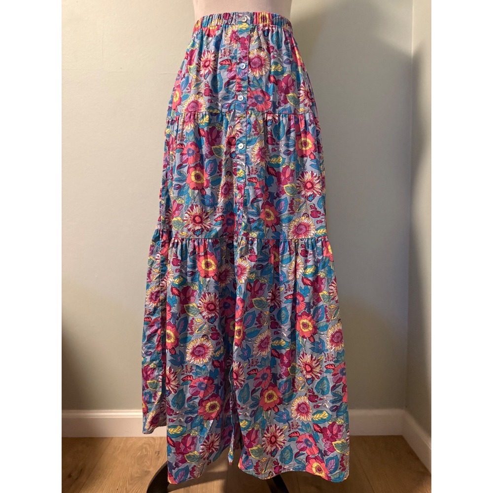MELLODAY Tiered Maxi Skirt Floral Blue Pink Yellow Flowy Y2K M boho fairy whimsi - Picture 1 of 5